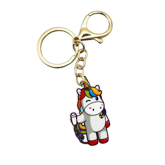Keyring with gold chain featuring a unicorn taking an x-ray.