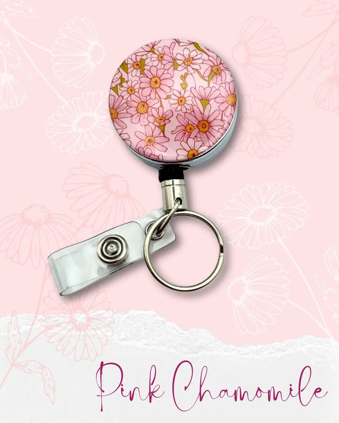Pink Chamomile pattern floral badge reel