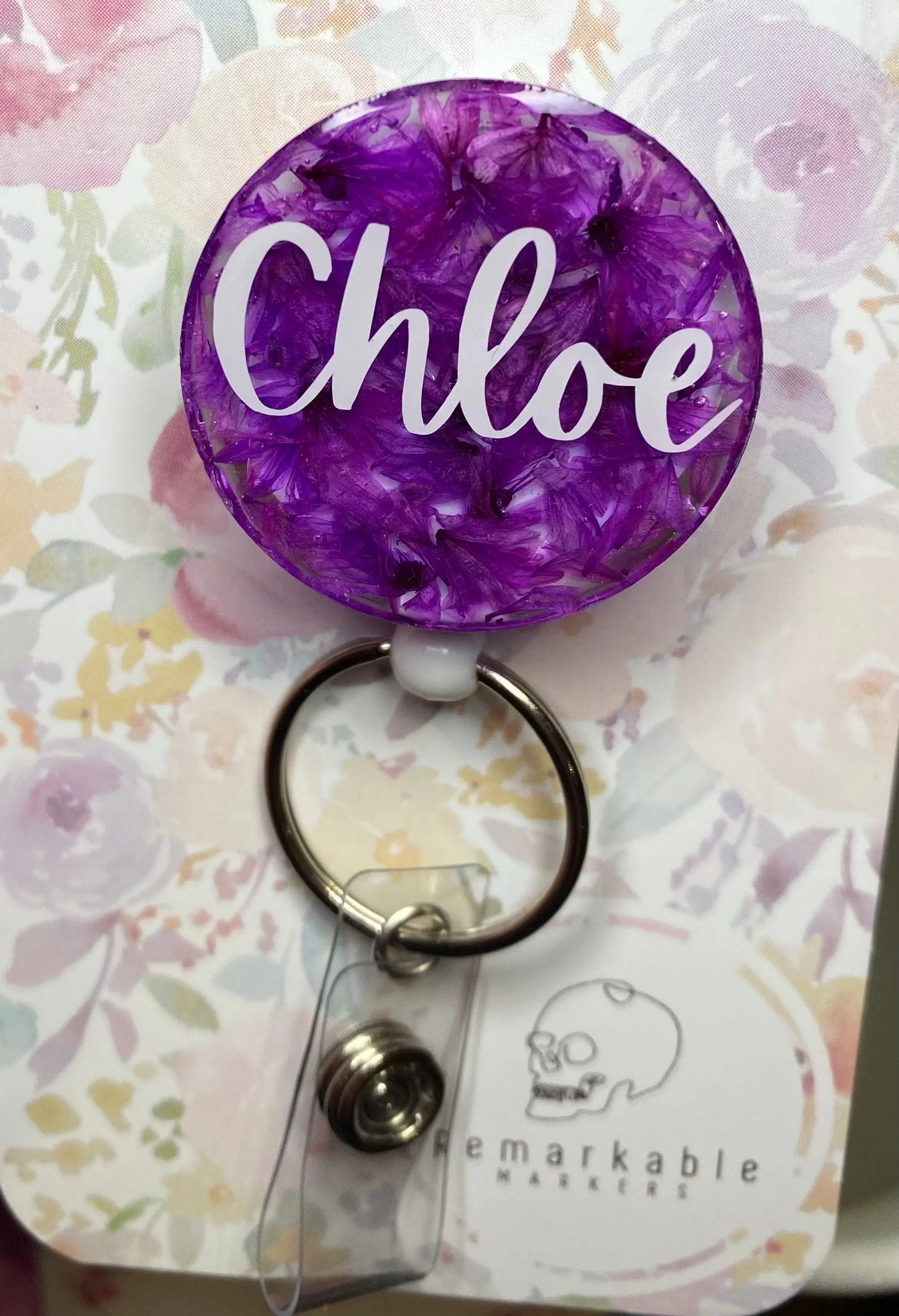 Purple Floral Badge Reel with name