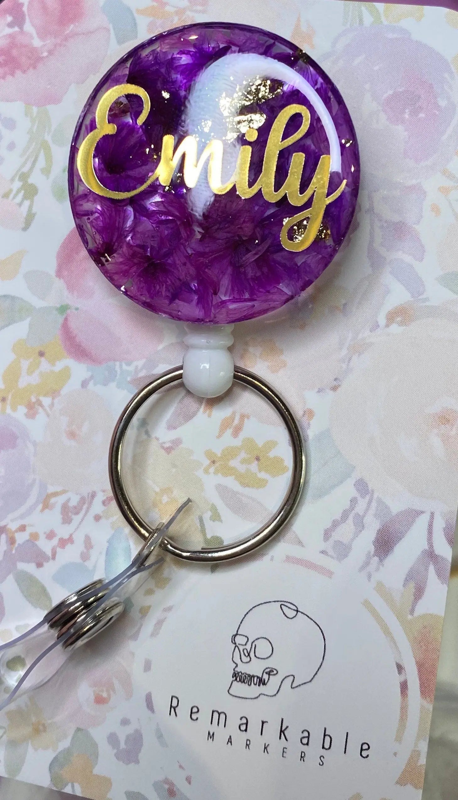 Purple Floral Badge Reel with name