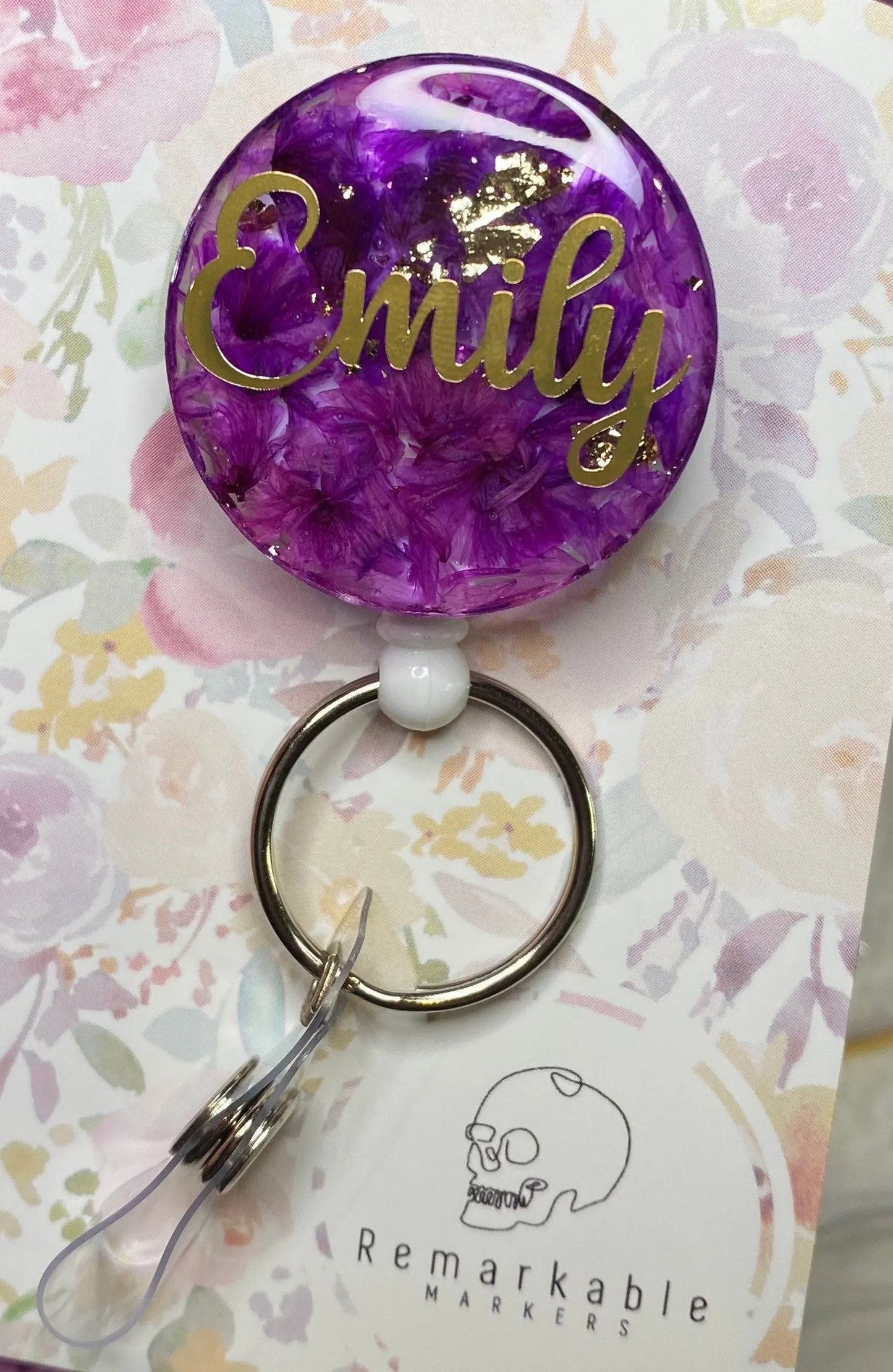 Purple Floral Badge Reel with name