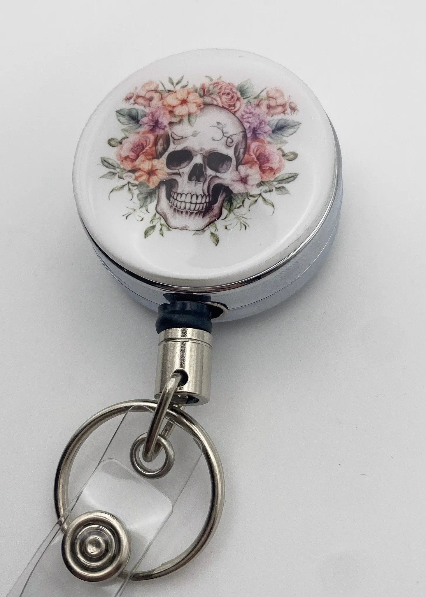 Heavy Duty Badge Reel with Floral Skull