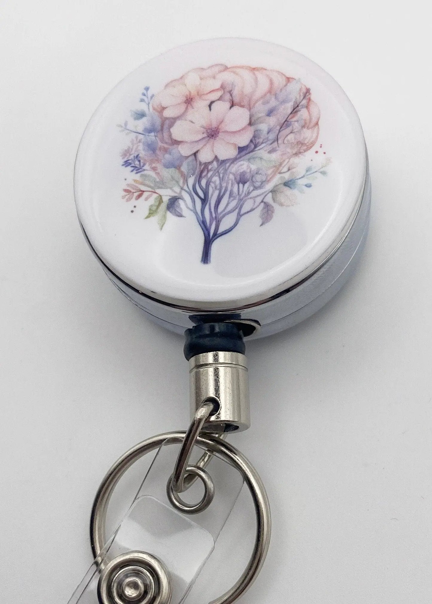 Heavy Duty badge reel for keys and ID with a beautiful watercolour floral brain image.