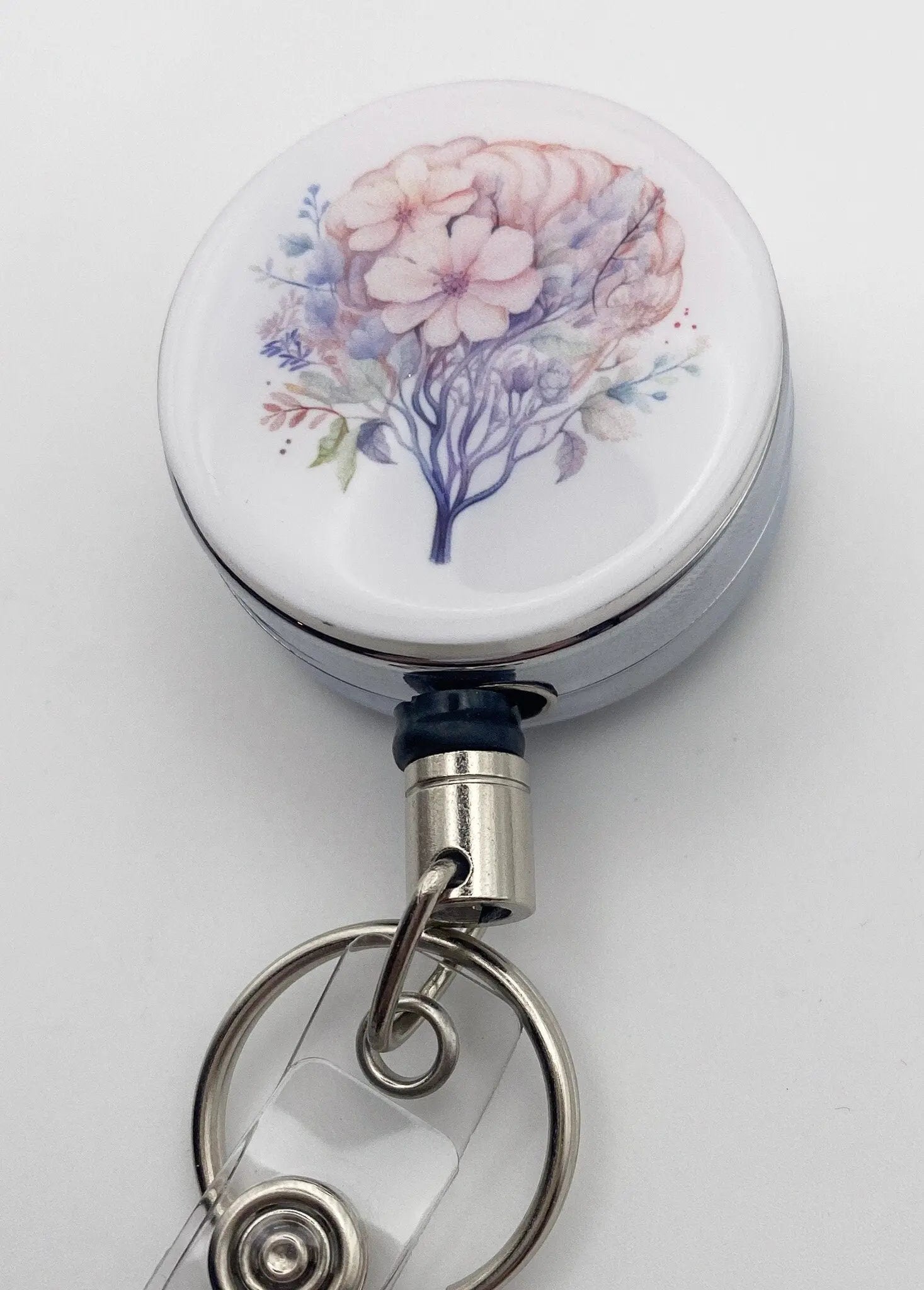 Heavy Duty badge reel for keys and ID with a beautiful watercolour floral brain image.