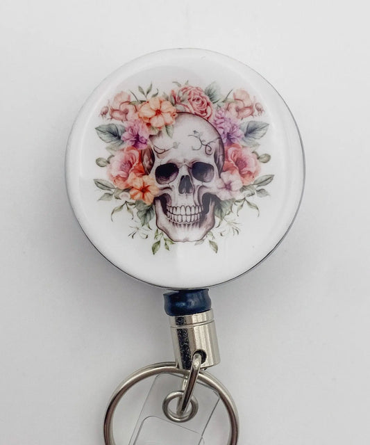 Heavy Duty Badge Reel with Floral Skull