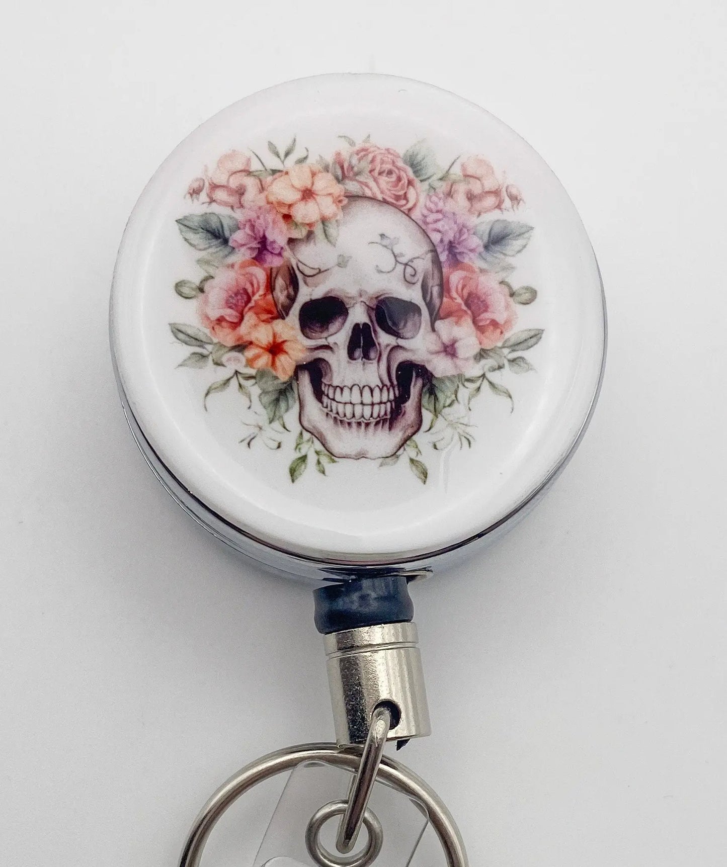 Heavy Duty Badge Reel with Floral Skull