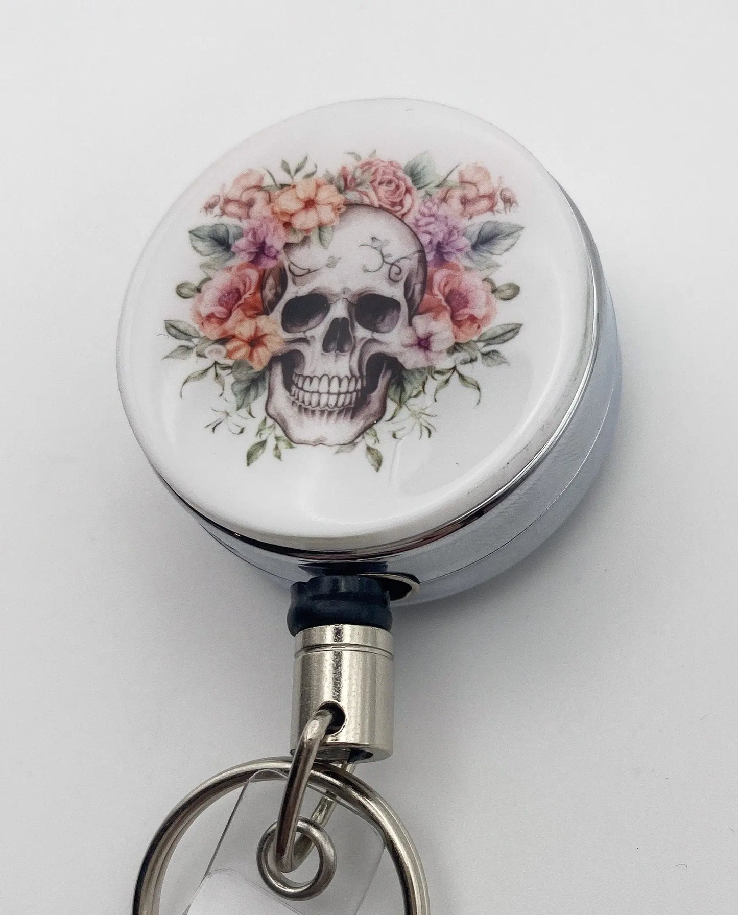 Heavy Duty Badge Reel with Floral Skull