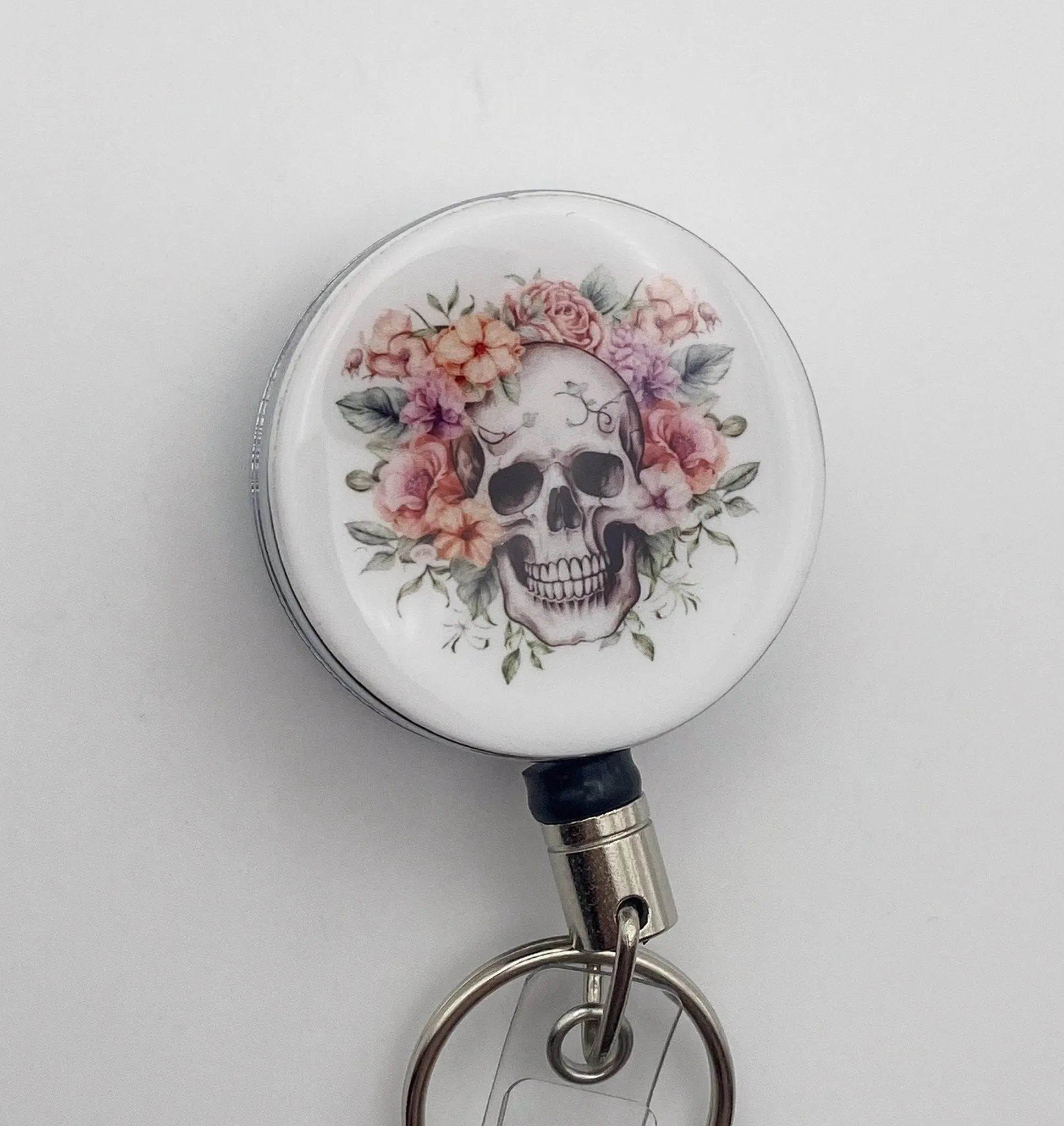 Heavy Duty Badge Reel with Floral Skull