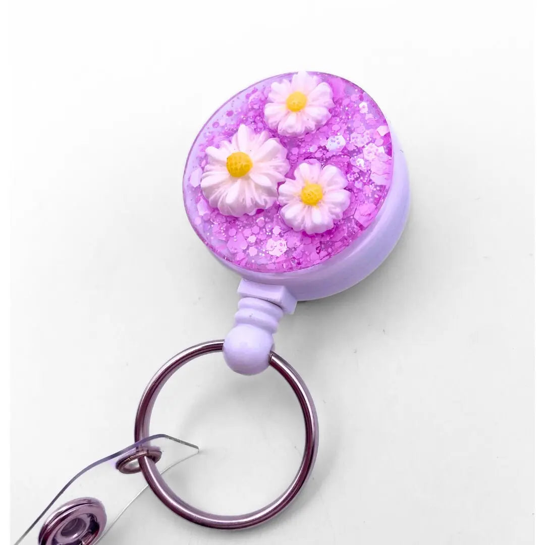 Lightweight badge reel - glitter and daisies.