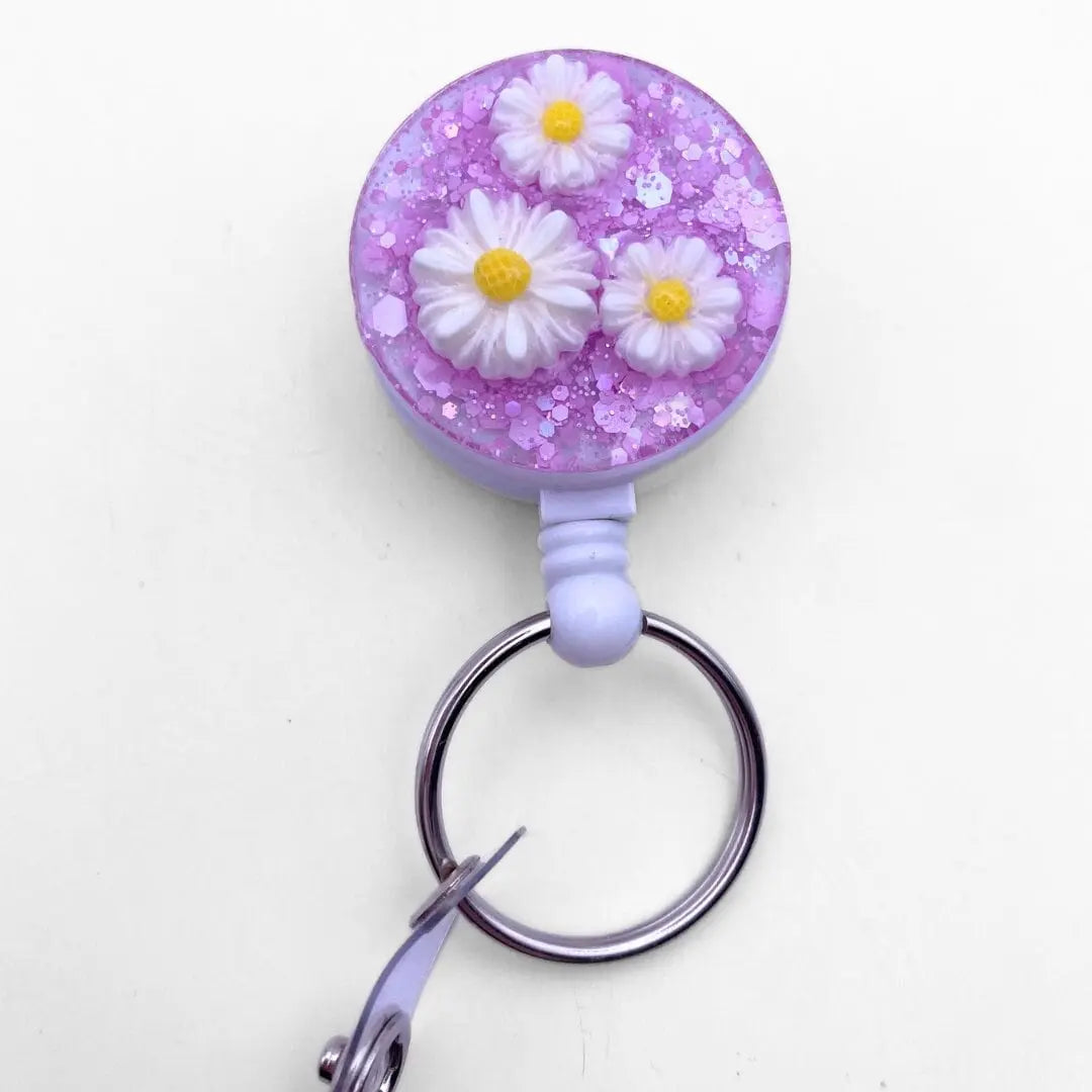 Lightweight badge reel - glitter and daisies.