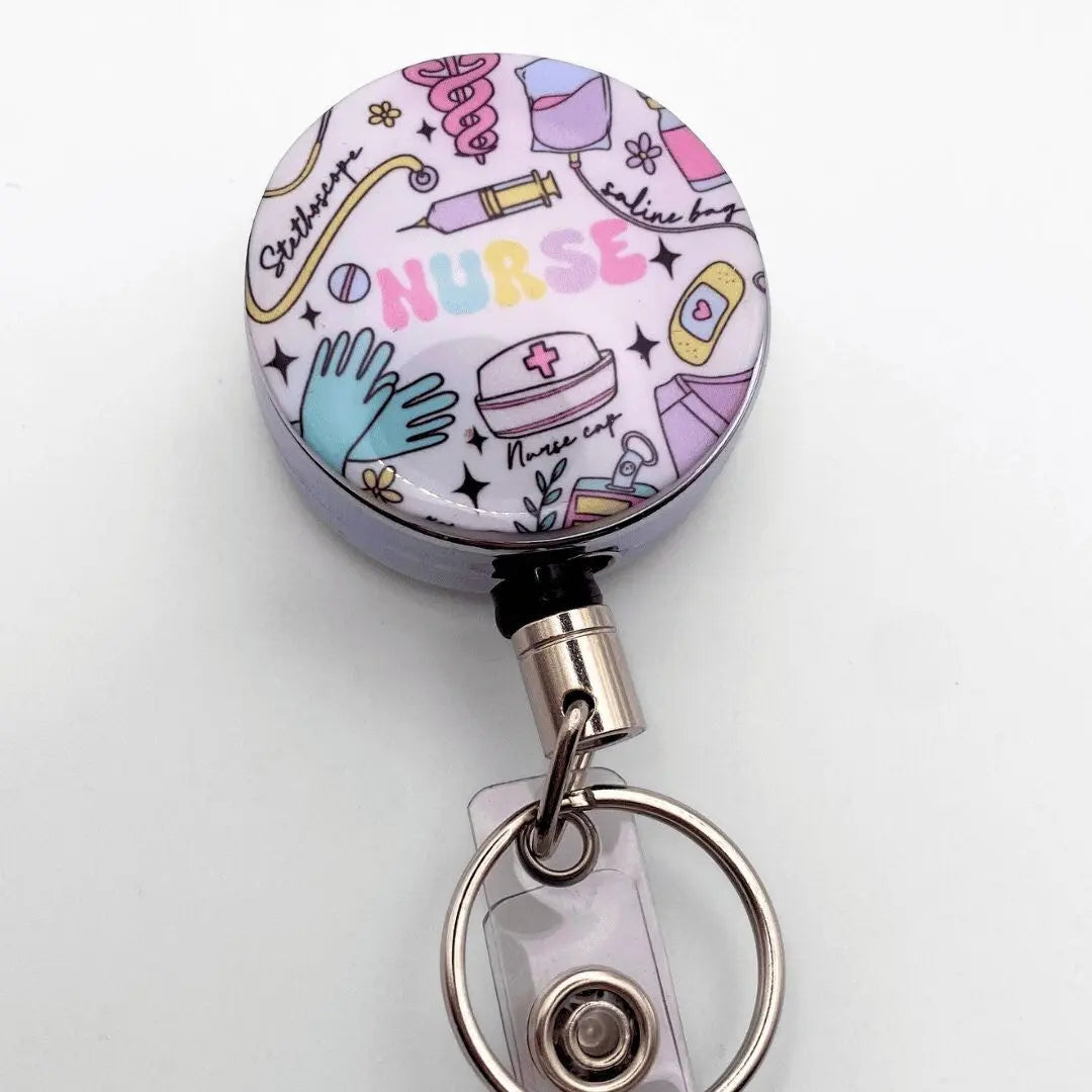 a badge holder with a nurse theme on it