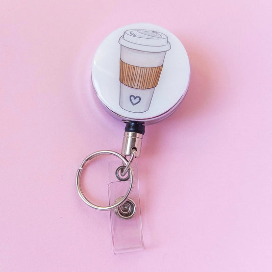 Heavy Duty Badge Reel with coffee cup.