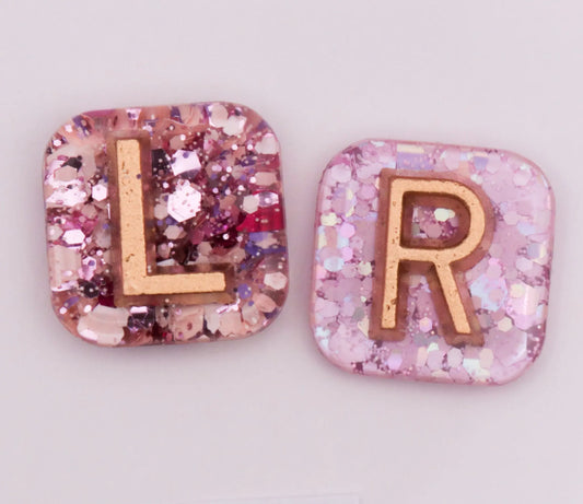 1.8cm Square Glitter X-Ray Markers with gold letters. Remarkable Markers